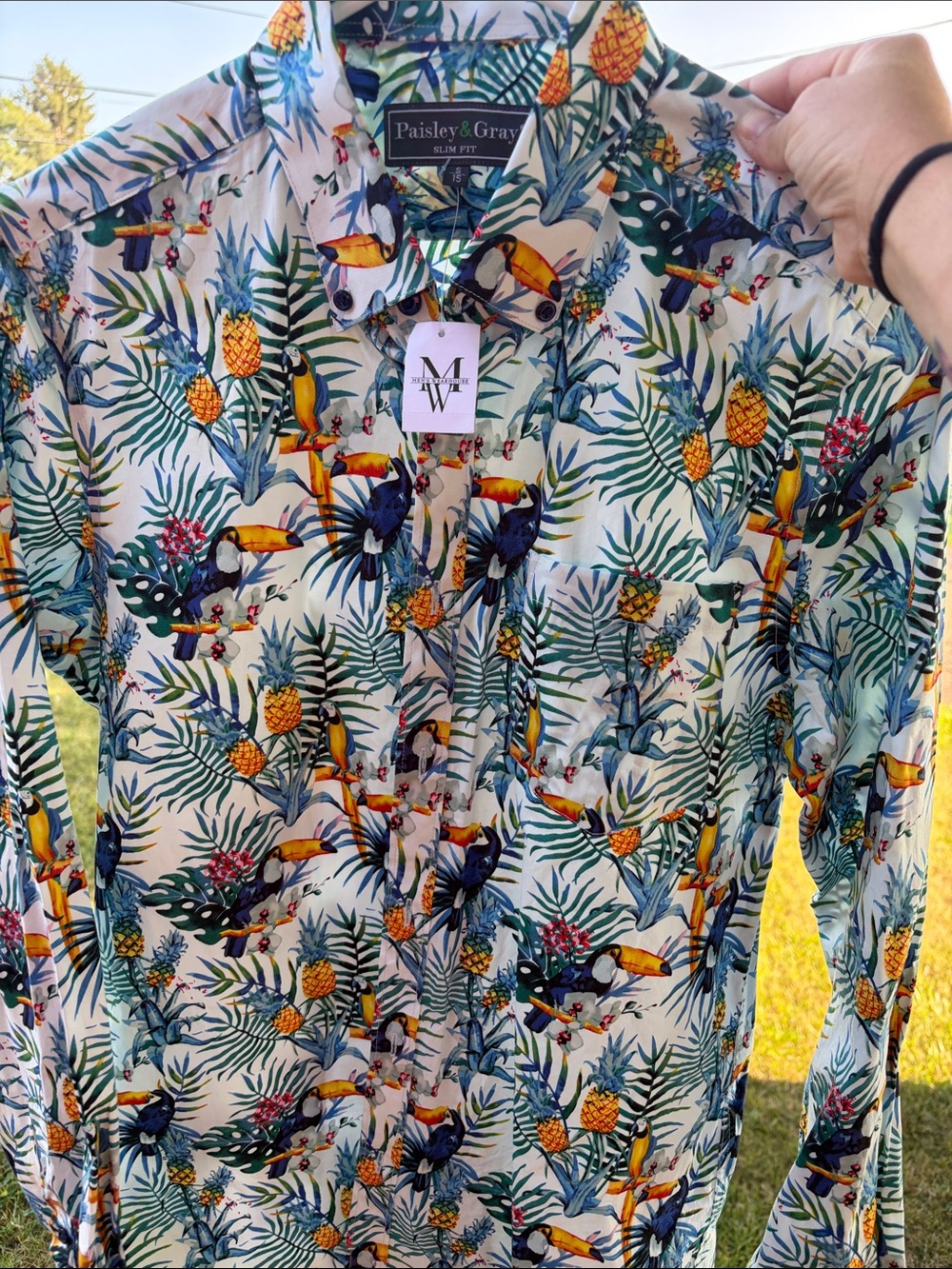 Paisley & Gray Tropical Toucan Print Shirt Jacket - White, Green, Yellow